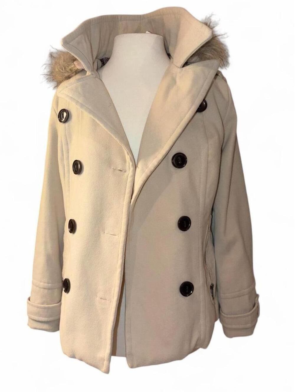 Dollhouse Outerwear Cream Double-Breasted Peacoat with Faux Fur Hood - Size L